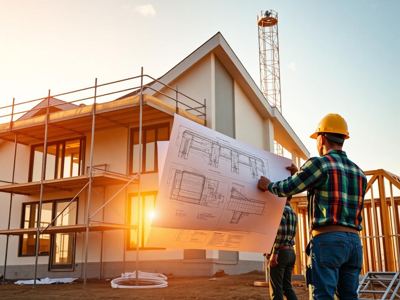 Construction team reviewing blueprints on a residential build site